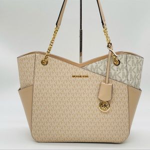Michael Kors Large X Chain Shoulder Tote Bag Leather Cream